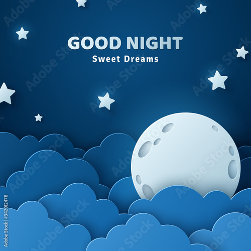 Good night and sweet dreams banner. Fluffy clouds on dark sky background with moon and stars. Vector illustration. Paper cut style. Place for text