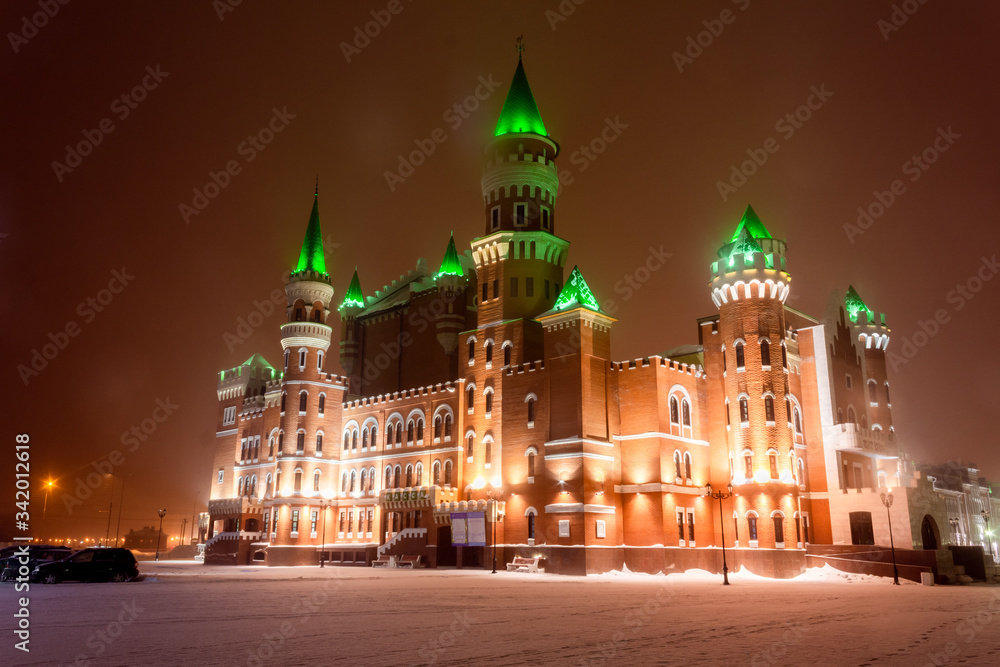 Fototapeta premium Russia, Yoshkar-Ola night view of the illuminated Republican Puppet Theater.