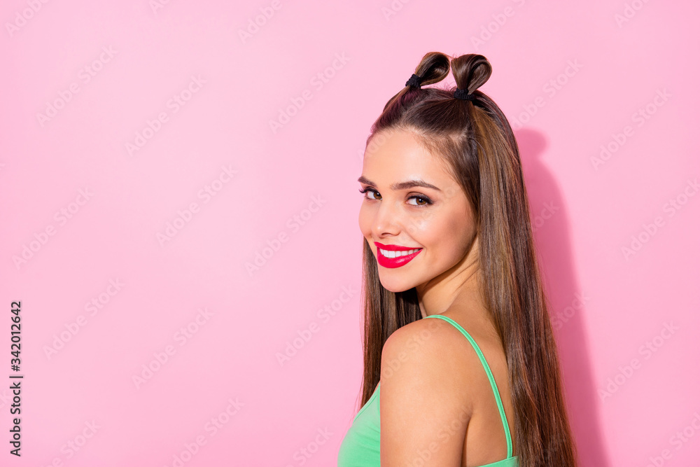 Profile photo of funky youngster lady toothy beaming smiling red bright lipstick good mood tanned bronze skin wear green crop top singlet isolated pastel pink color background
