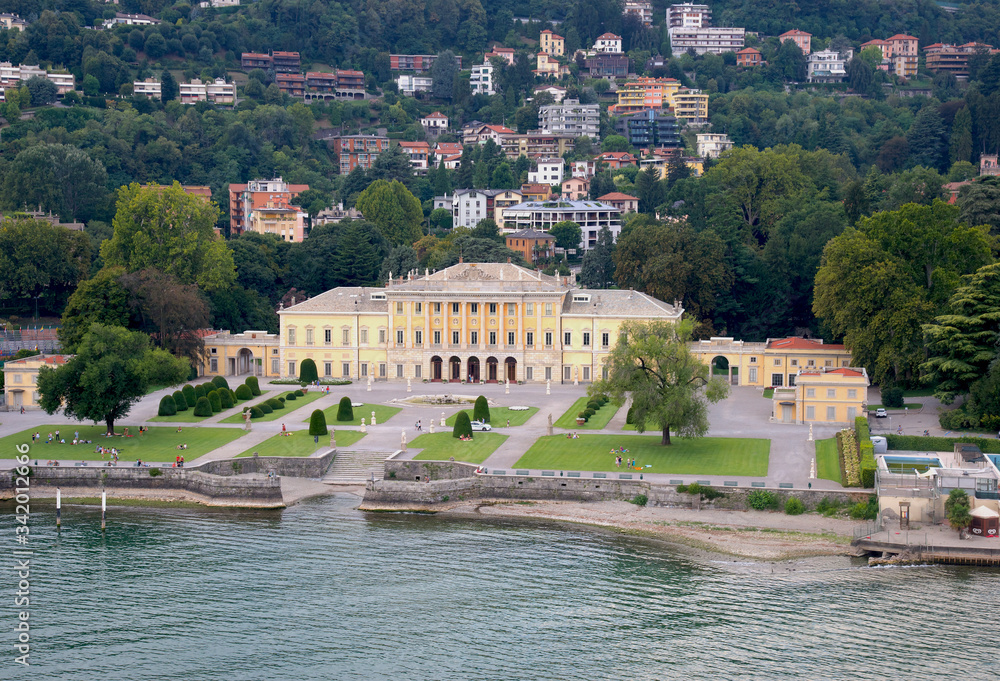 Italy, Lombardia, Como, 8/23/2018, aerial view of lake Como and city Como from villa Olmo,
Villa Olmo is an imposing neoclassical designed by the architect Simone Cantoni