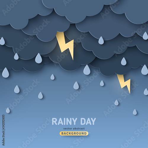 Overcast sky, thunder and lightning in paper cut style. Vector illustration. Rainy day concept with dark clouds.