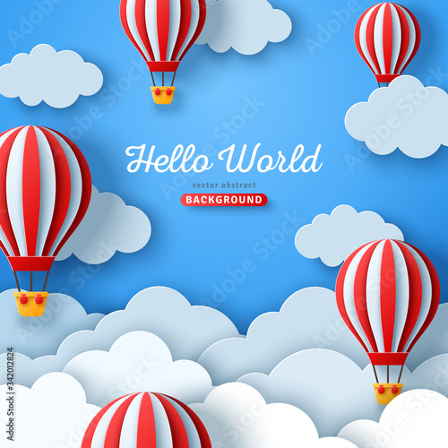 Beautiful fluffy clouds on blue sky background with hot air balloons. Vector illustration. Paper cut style. Place for text. Travel and adventure concept