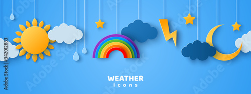 Set of cartoon paper cut weather icons on blue sky background. Vector illustration. Sun in clouds, rain drops, lightning and thunder, crescent moon with stars. Cute design for kids