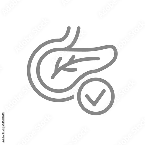 Pancreas with tick checkmark line icon. Healthy internal organ symbol