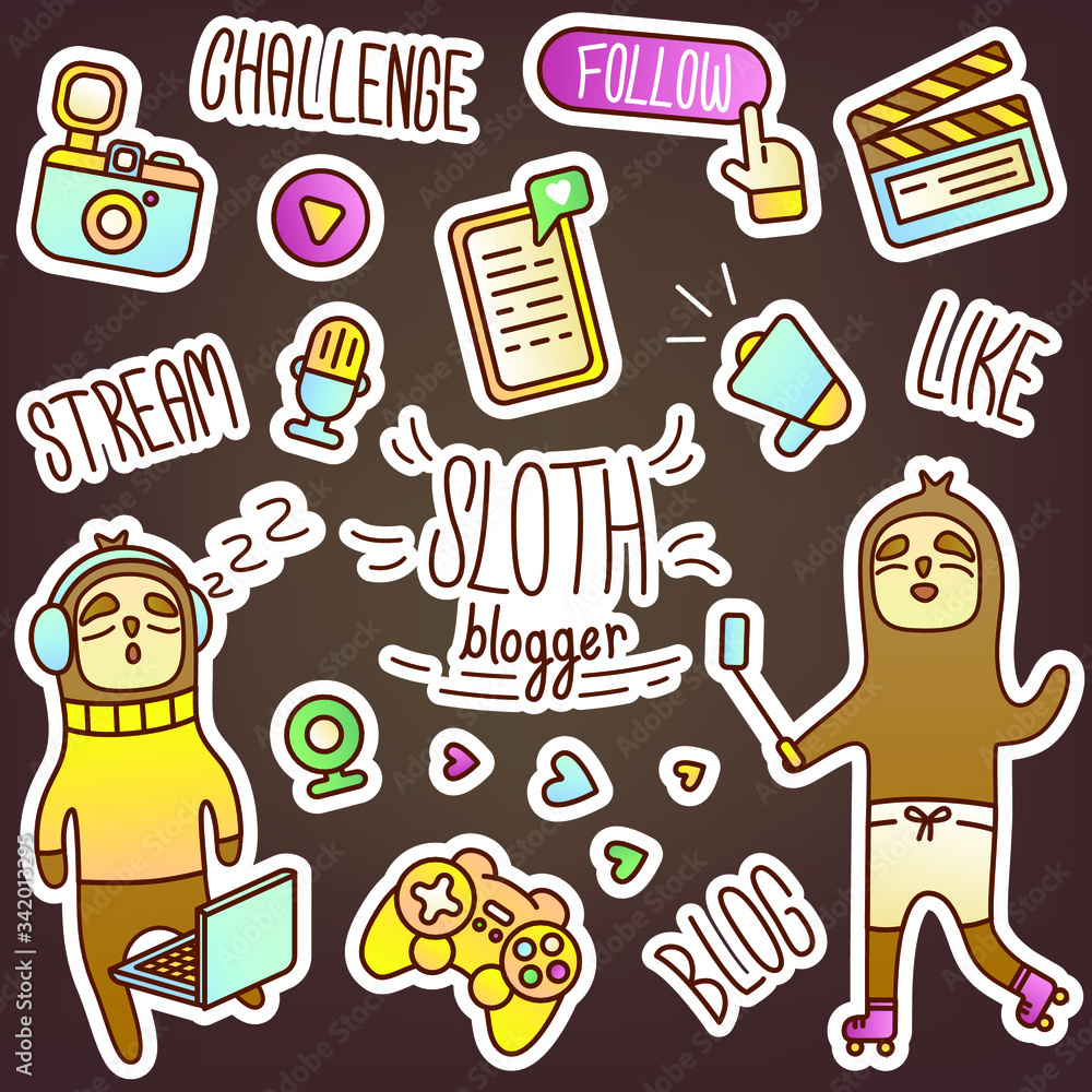 Vector set of stickers with sloth blogger. Creative illustration of streamer, work at home. A set of subscribers, a popular personality, social networks, posts and videos. Colorful diary stickers. Vector set of stickers with sloth blogger. Creative illustration of streamer, work at home. A set of subscribers, a popular personality, social networks, posts and videos. Colorful diary stickers.