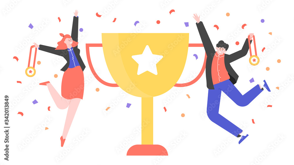 A man and a woman joyfully jump next to the golden cup. Victory, goal achievement, successful completion of the project. Business and competition. Characters with medals, award. Vector flat. A man and a woman joyfully jump next to the golden cup. Victory, goal achievement, successful completion of the project. Business and competition. Characters with medals, award. Vector flat.
