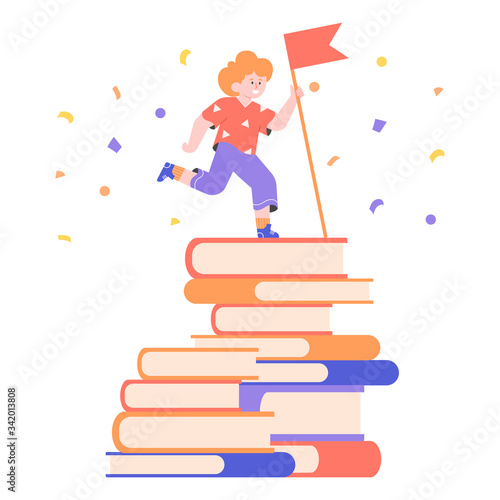Boy schoolboy on top of a stack of books with the winner flag. Achieving goals, book challenge, education and reading. Vector flat illustration.