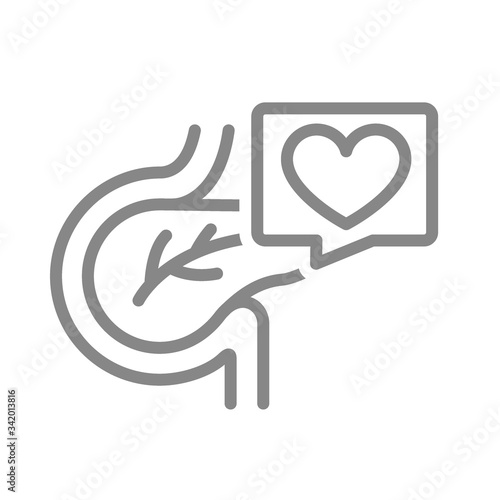 Pancreas with heart in speech bubble line icon. Healthy organ digestive and endocrine system symbol