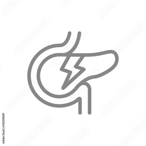 Pancreas with acute pain line icon. Danger of human organ, digestive and endocrine system symbol