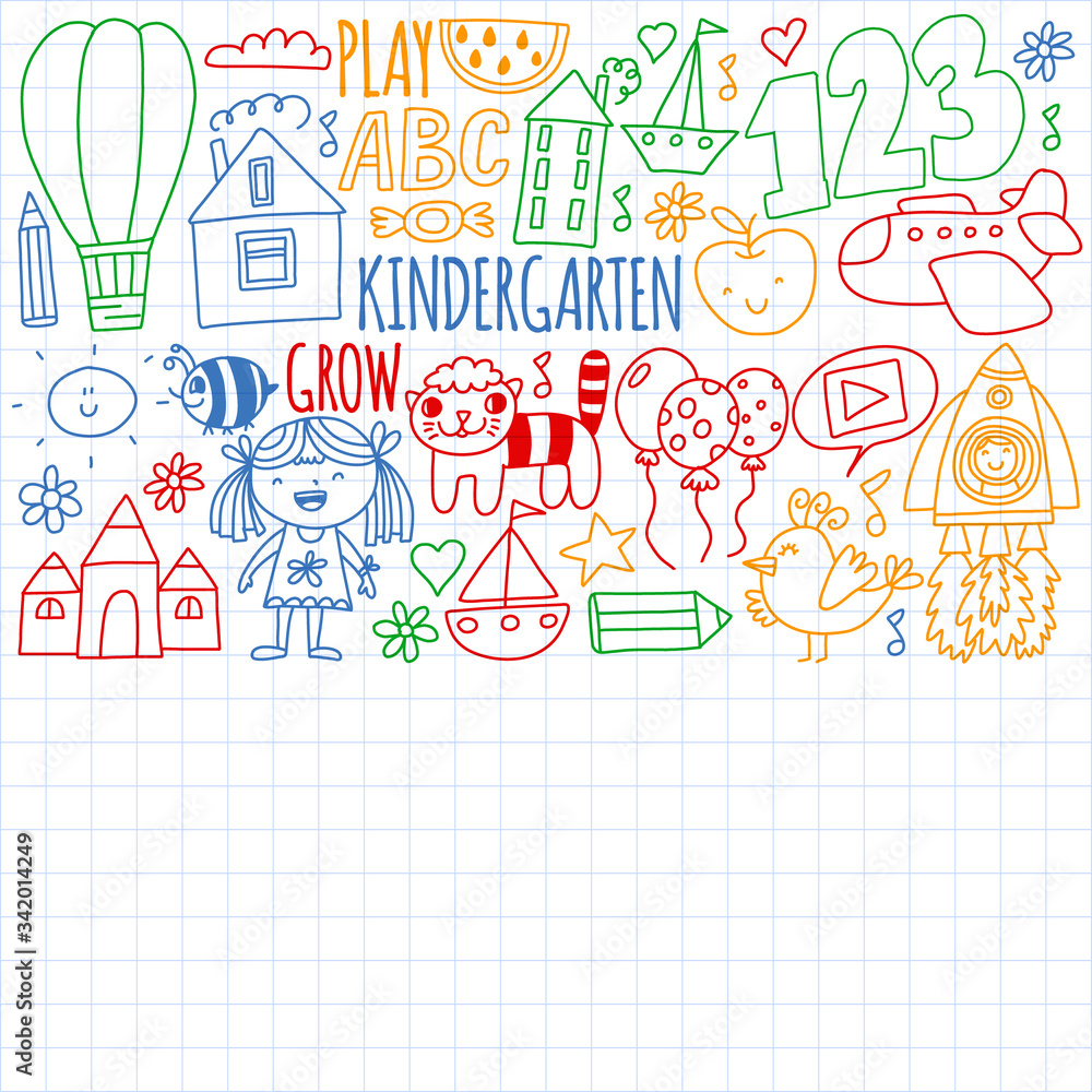 Online education for toddlers. Lessons for children in internet. Vector pattern for kindergarten banners, posters with moon, planet, spaceship, rocket, sun, fruits, house, flowers. Online education for toddlers. Lessons for children in internet. Vector pattern for kindergarten banners, posters with moon, planet, spaceship, rocket, sun, fruits, house, flowers.