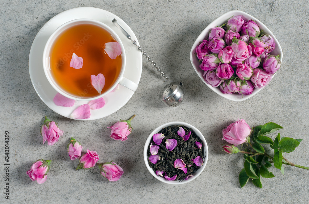 Top view of cup of tea with rose petals Top view of cup of tea with rose petals