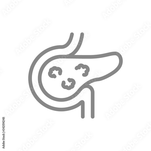 Pancreas with tumors line icon. Pancreatic cancer, digestive and endocrine system disease symbol