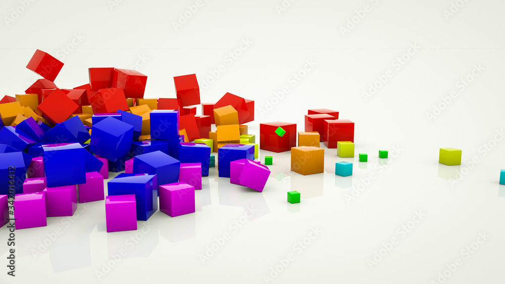 Fototapeta premium multicolored three-dimensional cubes scattered on a white background. 3d render illustration