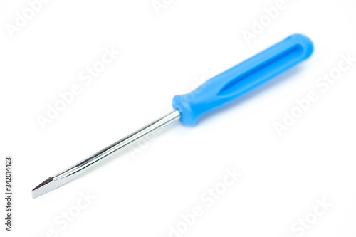 screwdriver with blue handle isolated on white background. Single object Household tools for electrician, craftsman copy space Advertising tools, construction goods stores, home improvement