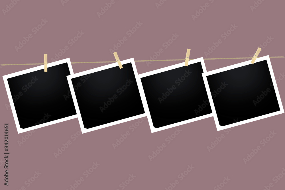 Photo frames on a rope attached with clothespins. Vector illustration. Stock Photo. Photo frames on a rope attached with clothespins. Vector illustration. Stock Photo.