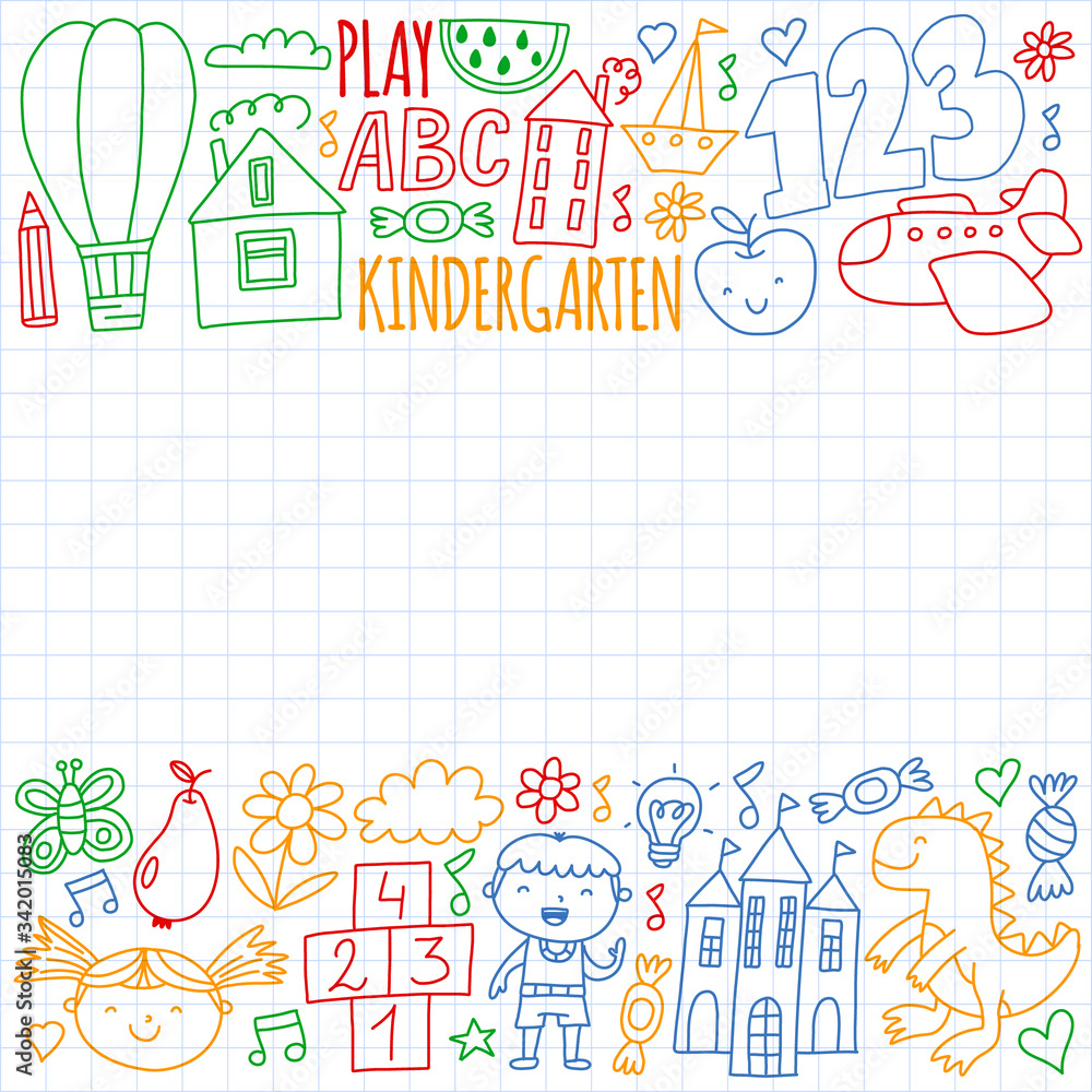 Online education for toddlers. Lessons for children in internet. Vector pattern for kindergarten banners, posters with moon, planet, spaceship, rocket, sun, fruits, house, flowers. Online education for toddlers. Lessons for children in internet. Vector pattern for kindergarten banners, posters with moon, planet, spaceship, rocket, sun, fruits, house, flowers.