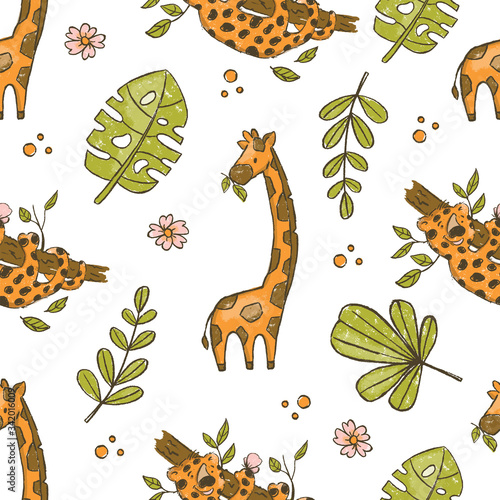 GIRAFFE AND LEOPARD Cute Cartoon Tropical African Animals Hand Drawn Grunge Style Seamless Pattern Vector Illustration for Print Fabric and Digital Paper