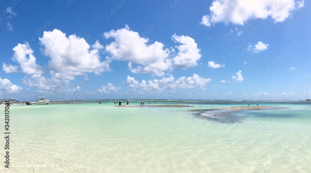 Fototapeta premium Ocean view with shallow light turquoise water and blue sky in Caribbean sea. Travel natural background. Tropical island view. Vacation recreation.