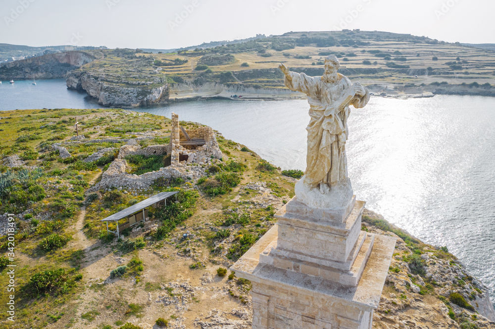 Aerial view of St. Pauls Statue on St. Pauls island. Malta island