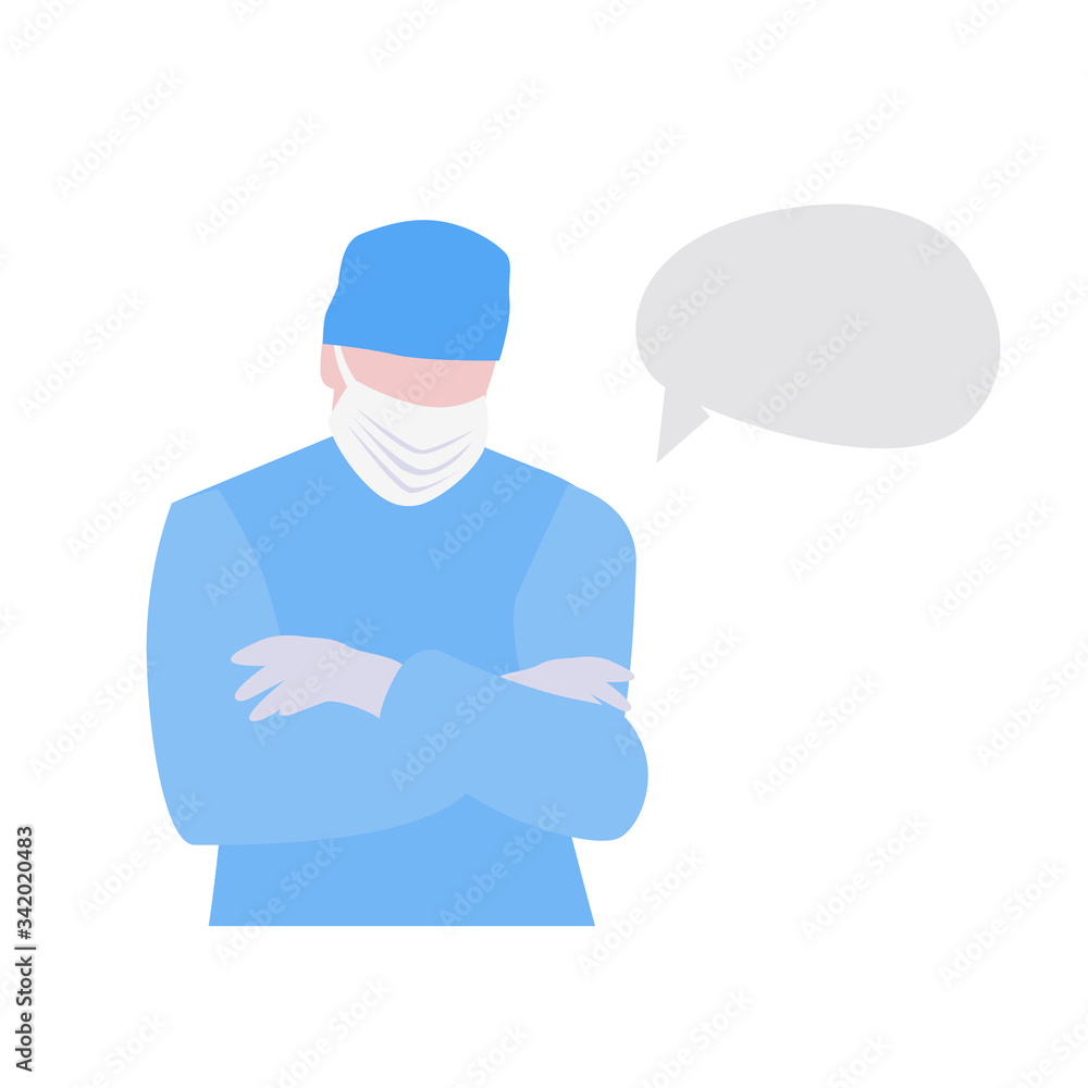 Vector illustration of doctor or nurse in mask with cross hands on chest and empty speech bubble or cloud. Medical warning concept Vector illustration of doctor or nurse in mask with cross hands on chest and empty speech bubble or cloud. Medical warning concept