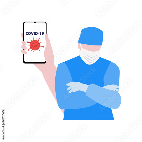 Vector illustration of doctor or nurse in mask with cross hands on chest and hand with smartphone with virus behind him. Medical warning concept
