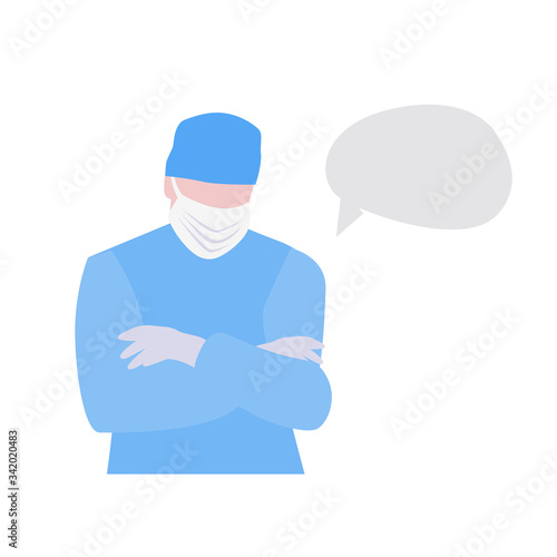 Vector illustration of doctor or nurse in mask with cross hands on chest and empty speech bubble or cloud. Medical warning concept