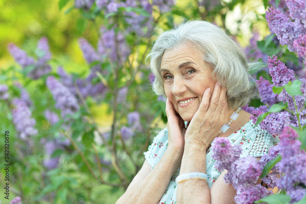 Close-up portrait of happy senior beautiful woman on lilacs background Close-up portrait of happy senior beautiful woman on lilacs background