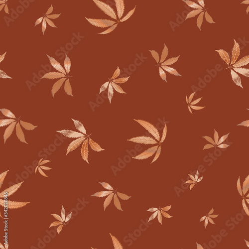 Cannabis leaves seamless vector pattern background. Hand drawn monochrome brown hemp foliage backdrop. Stylish botanical marijuana design. All over print for wellness, health concept,packaging, print © Gaianami  Design