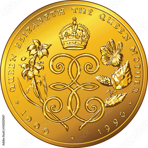 Money gold coin Dollar Bermuda dedicated to Queen Mother Elizabeth with the image of a crown, roses and monogram letter E