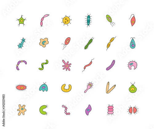 Microbes, virus, bacterias and pathogen icons colorful set. Collection of abstract vector germs in the linear style on white background