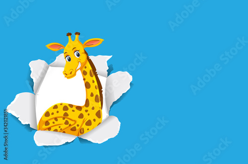 Background template design with wild giraffe on blue paper