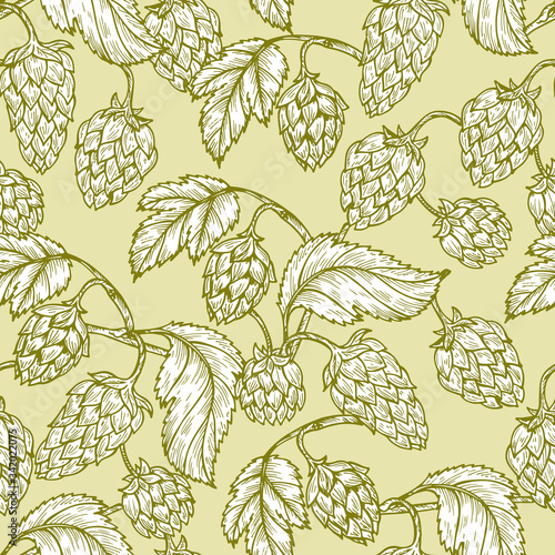 Hand drawn engraving style Hops Seamless pattern. Common hop or Humulus lupulus branch with leaves and cones. Vector Green Floral background
