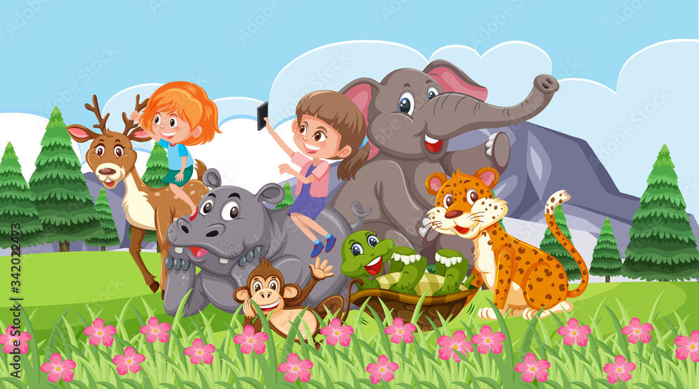 Scene with happy kids and animals in the park Scene with happy kids and animals in the park