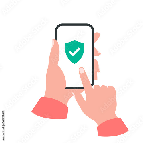 Smartphone in your hand concept. Shield check mark