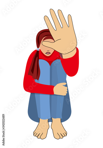 Helpless and terrified girl, domestic violence.
 Illustration of sitting young desperate woman with arm in defensive position. Isolated on white background. Vector available.