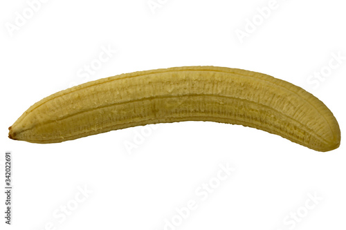 Peeled banana isolated on white background. Close-up. Top view.