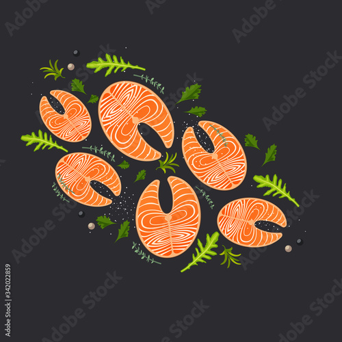 Tasty and fragrant salmon steaks arugula leaves and parsley with aromatic grilled spices. Tasty and hearty dinner with red fish - flat vector illustration.