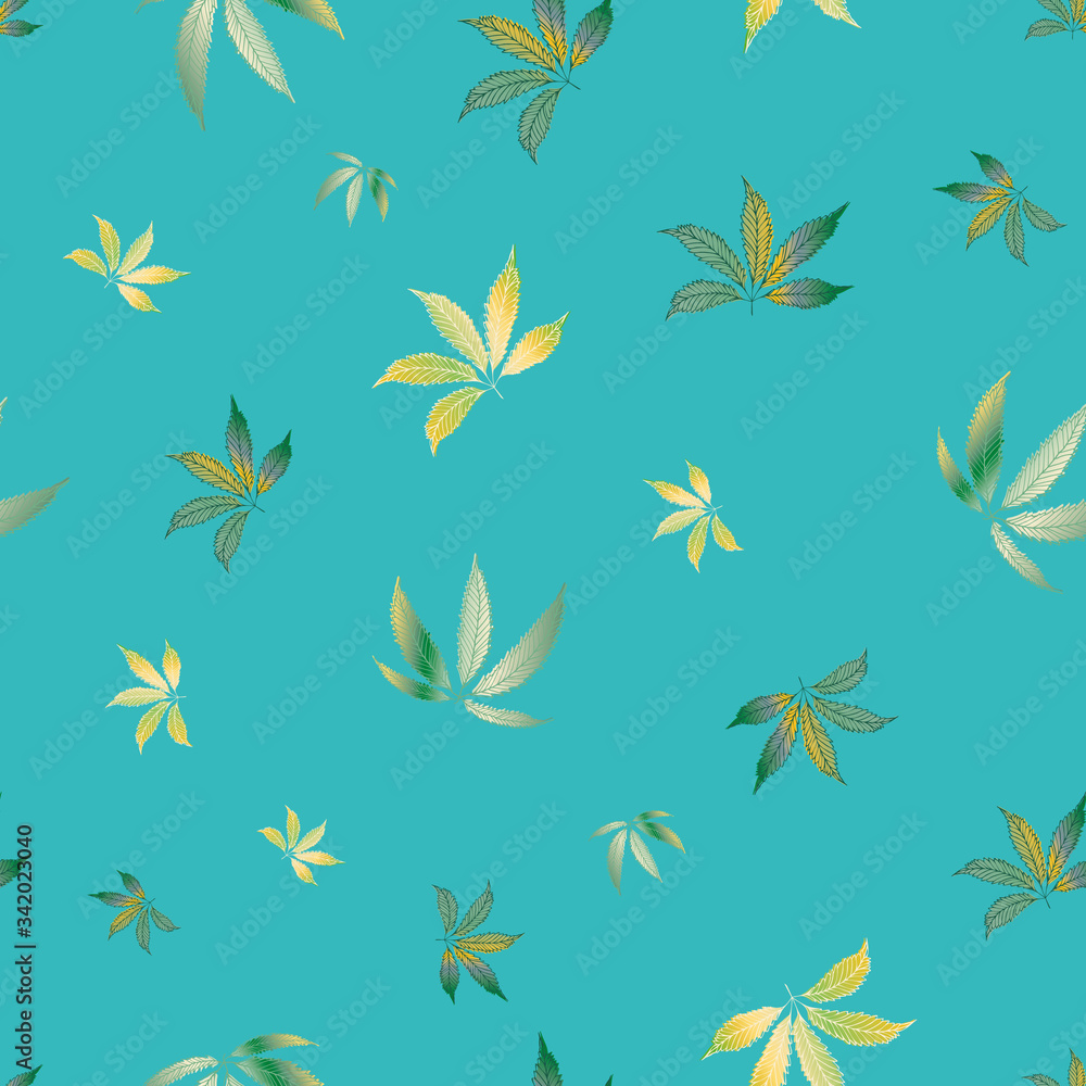 Cannabis leaves seamless vector pattern background. Hand drawn gold and sky blue hemp foliage backdrop. Stylish botanical marijuana design. All over print for wellness, health concept,packaging, print Cannabis leaves seamless vector pattern background. Hand drawn gold and sky blue hemp foliage backdrop. Stylish botanical marijuana design. All over print for wellness, health concept,packaging, print
