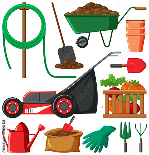 Set of gardening items on white background