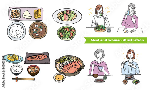 食事をする女性　和食　イラストセット
