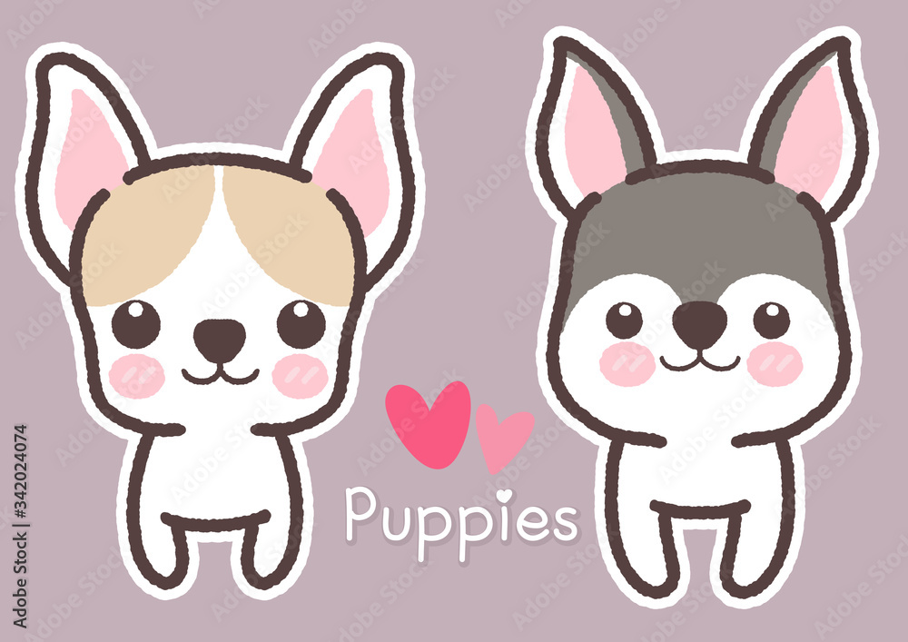 2 Chihuahua puppies smiling cartoon drawing with color background.