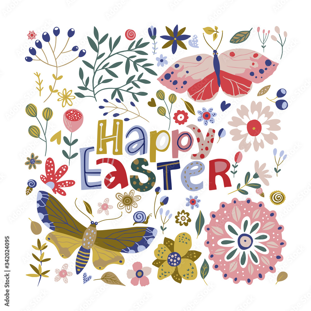 Floral color vector lettering greeting card in a flat style. Ornate flower holiday spring illustration with hand drawn calligraphy text quote - Happy Easter.