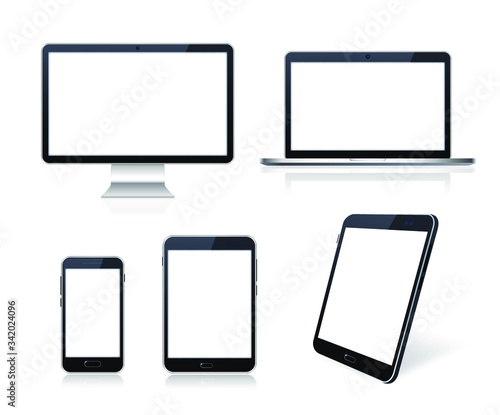 Set of Technological Devices with Blank Screen on White Background . Isolated Vector Elements