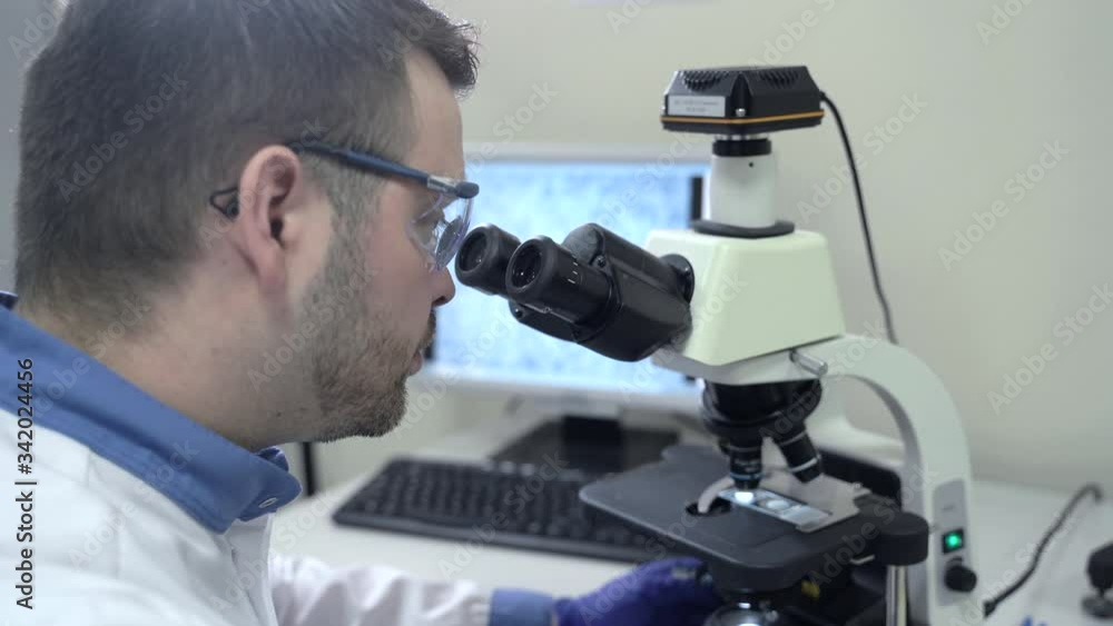 man researcher works with binocular microscope in a laboratory. concept analysis, spbas chemist. expertise with test medical equipment. scientist male stydying microbiology. man researcher works with binocular microscope in a laboratory. concept analysis, spbas chemist. expertise with test medical equipment. scientist male stydying microbiology.