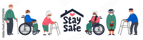 Senior patient protection, stay safe concept. An elderly men and women a face mask on a white background. Simple flat vector horizontal illustration.