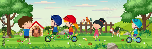 Background scene with kids playing in the park