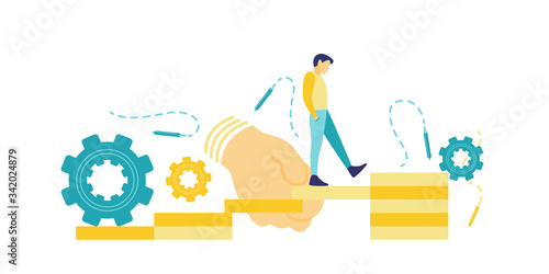 Flat vector illustration of a business concept, Businessman walk across a bridge, while someone else's hand holds it for him. Illustration of teamwork.