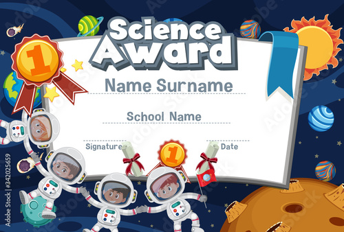 Certificate template design for science award with astonauts flying in space background