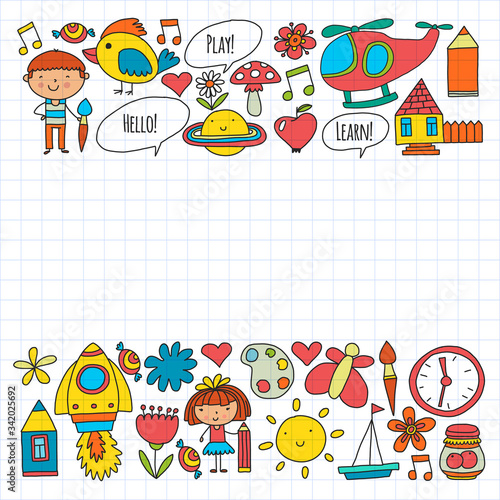 Vector pattern with little children. Kindergarten, play and grow together. Icons of toys and kids in doodle style