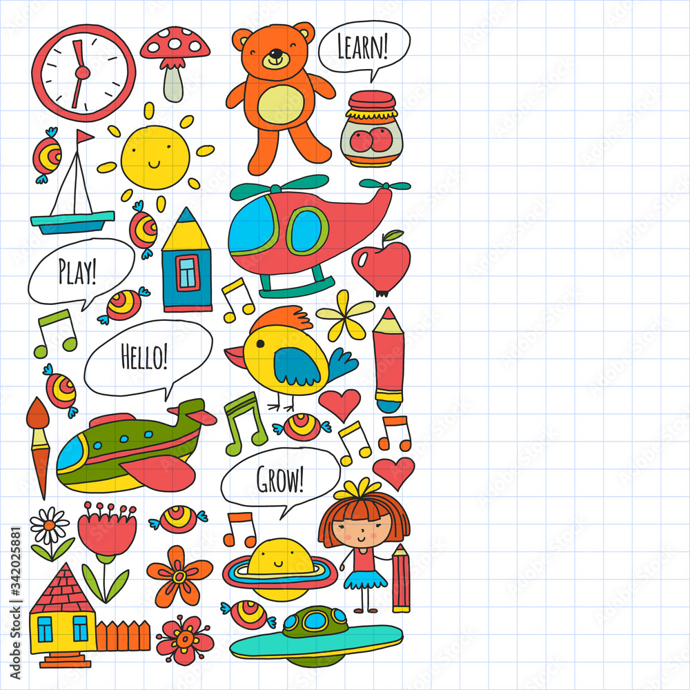 Vector pattern with little children. Kindergarten, play and grow together. Icons of toys and kids in doodle style Vector pattern with little children. Kindergarten, play and grow together. Icons of toys and kids in doodle style